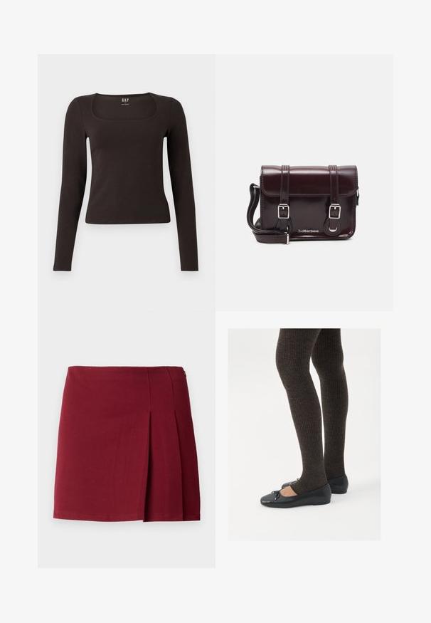 Zwarte lange mouwen, getailleerde top met een vierkante halslijn, gelabeled GAP, weergegeven op een witte achtergrond.; Bordeaux geplooide minirok met een gladde textuur, een aansluitende taille en een zijrits. Eenvoudig, minimalistisch ontwerp zonder patronen.; Zwarte platte schoenen met een kleine strikdetail op de neus, gecombineerd met donkerbruine geribbelde panty’s. De schoenen hebben een gladde textuur en een lage profiel.; Bordeaux patent leren crossbody tas met een rechthoekige vorm, twee banden, zilveren hardware en een klep sluiting.