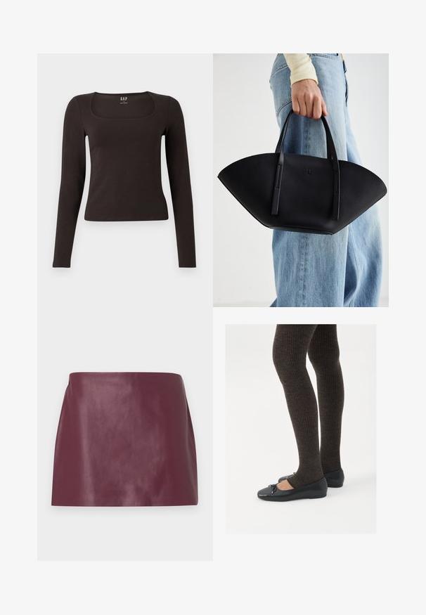 Haut noir à manches longues, ajusté, avec un décolleté carré, étiqueté GAP, affiché sur un fond blanc.; Mini jupe en cuir bordeaux lisse avec une coupe droite et sans embellissements ni fermetures visibles.; Chaussures plates noires avec un petit nœud au niveau des orteils, associées à des collants côtelés marron foncé. Les chaussures ont une texture lisse et un profil bas.; Sac à main en cuir noir avec une forme de éventail unique, doté de poignées plates. La surface présente une texture granuleuse et un design minimaliste.