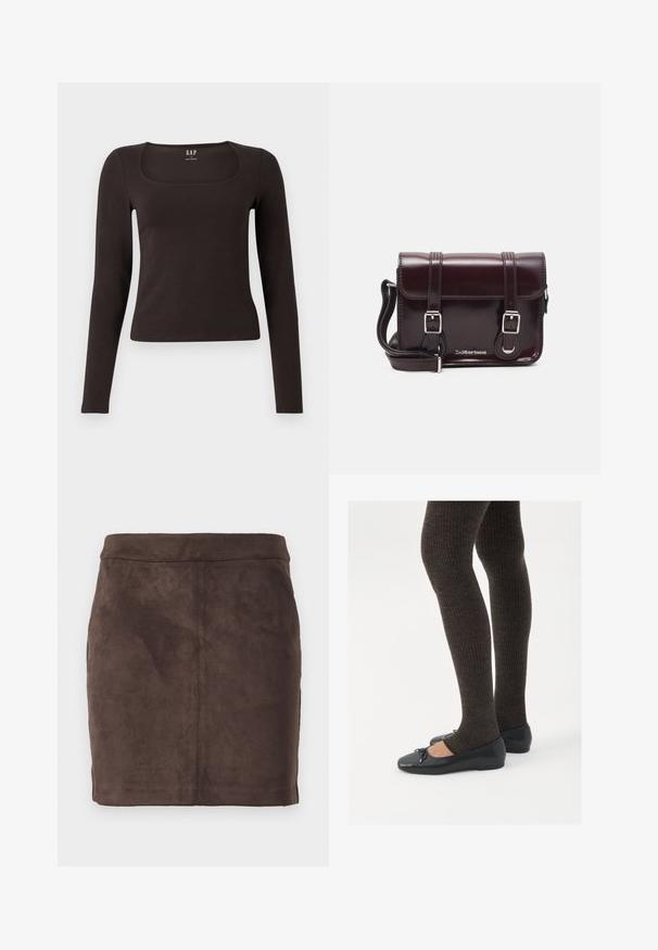 Fekete, hosszú ujjú, elasztikus felső négyzet alakú dekoltázzsal, GAP felirattal, fehér háttér előtt bemutatva.; Barna velúr mini szoknya sima textúrával, fokozatos formával és lapos derékkal, függőleges varrásokkal a struktúra érdekében.; Fekete lapos cipők kis masni díszítéssel az orrán, sötétbarna bordázott harisnyával párosítva. A cipők sima textúrával és alacsony profilúak.; Burgundy lakkbőr keresztpántos táska téglalap alakú, két pánttal, ezüst színű szerelvényekkel és fedélzárral.