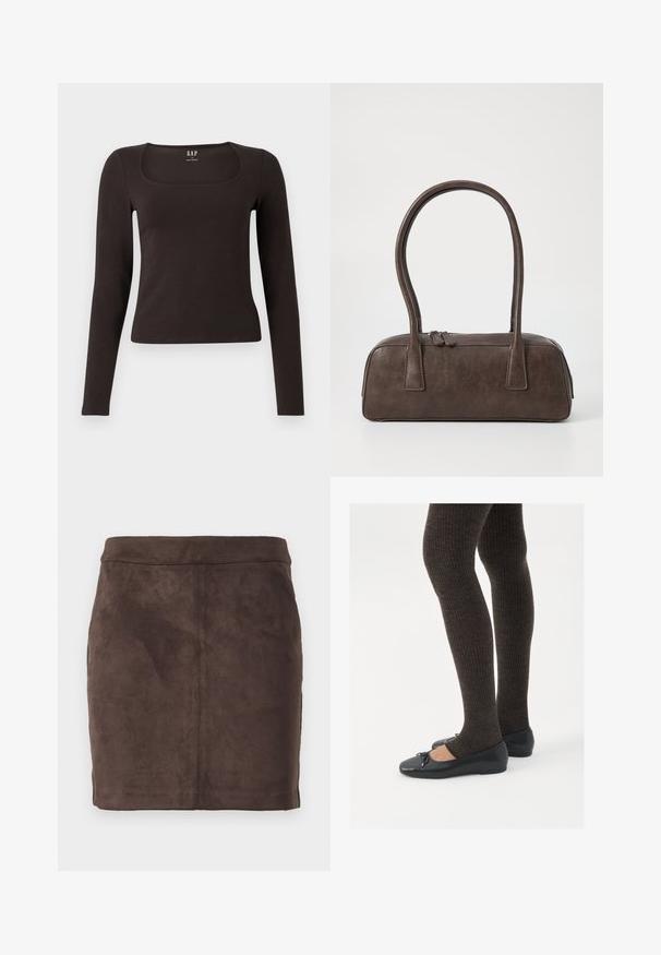 Maglietta nera a maniche lunghe, aderente, con scollatura quadrata, etichettata GAP, esposta su uno sfondo bianco.; Mini gonna in suede marrone con texture liscia, design affusolato e cinturino piatto, con cuciture verticali per dare struttura.; Scarpe nere a flat con un piccolo fiocco sulla punta, abbinate a collant a coste marrone scuro. Le scarpe hanno una texture liscia e un profilo basso.; Borsa a mano in pelle marrone con due manici robusti, forma rettangolare, texture liscia e chiusura con zip. Design minimalista senza motivi visibili.