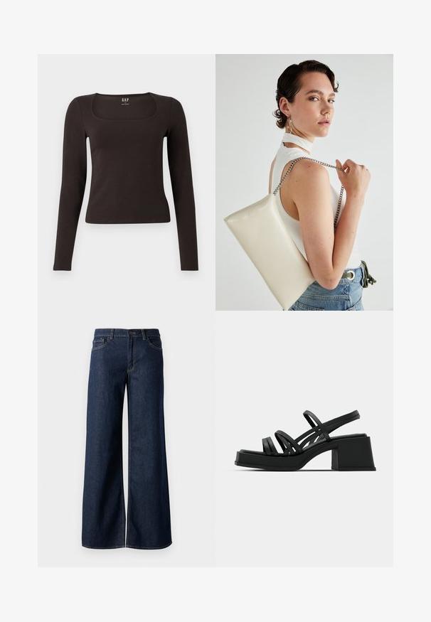 Top preto de mangas longas, ajustado, com decote quadrado, da marca GAP, exibido sobre um fundo branco.; Jeans de perna larga em denim azul escuro. Apresenta costura em contraste, cinco bolsos e um fecho de botão na cintura. Textura lisa.; Sandálias de salto alto pretas com várias tiras finas e um salto largo. Design elegante com uma textura mate. A sola tem uma leve curvatura.; Bolsa de mão retangular branca, feita de material brilhante, com uma alça em corrente prateada. Modelo posa, exibindo a bolsa contra um fundo simples.