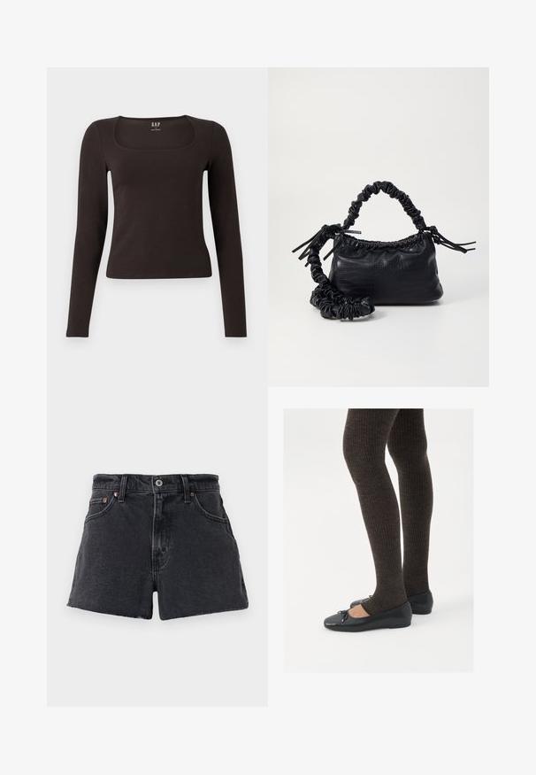 Črn dolg rokav, prilegajoča majica s kvadratnim izrezom, označena z GAP, prikazana na belem ozadju.; Visoko pasovi črni denim kratke hlače s strganim robom, pet žepni dizajn, kovinski gumb za zapiranje in subtilno kontrastno šivanje.; Črne ravne čevlje z majhnim lokom na prstih, v kombinaciji s temno rjavimi rebrastimi nogavicami. Čevlji imajo gladko teksturo in nizko obliko.; Črna torbica iz umetnega usnja s krokodilovo teksturo, z zvitim vrhom in zmečkano naramico. Zdi se mehka in kompaktna v oblikovanju.