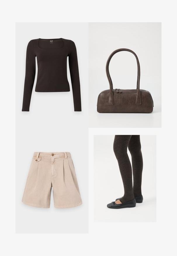 Čierny priliehavý top s dlhým rukávom a štvorcovým výstrihom, označený značkou GAP, zobrazený na bielom pozadí.; Béžové bavlnené šortky s skladaným dizajnom, vybavené dvoma prednými vreckami, rovnými nohavicami a jedným gombíkovým zapínaním v páse.; Čierne ploché topánky s malou mašľou na špičke, v kombinácii s tmavohnedými rebrovanými pančuchami. Topánky majú hladký povrch a nízky profil.; Hnedá kožená kabelka s dvoma pevným uchami, obdĺžnikovým tvarom, hladkým povrchom a zipsovým uzáverom. Minimalistický dizajn bez viditeľných vzorov.