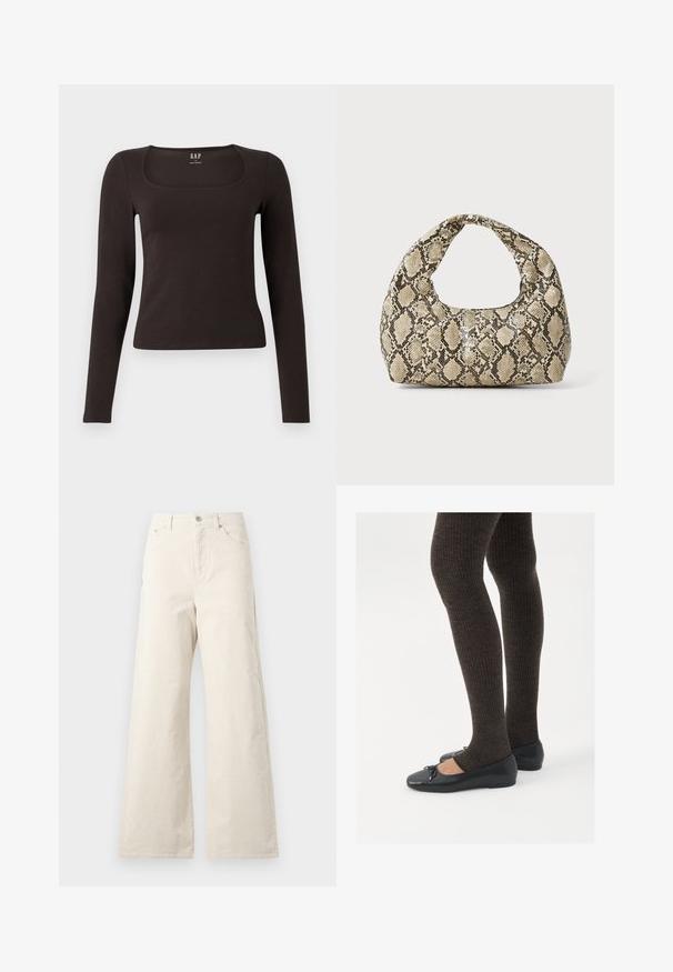 Čierny priliehavý top s dlhým rukávom a štvorcovým výstrihom, označený značkou GAP, zobrazený na bielom pozadí.; Béžové nohavice s širšími nohavicami vyrobené z bavlny, so zapínaním na prednom tlačidle, bočnými vreckami a hladkou textúrou. Minimalistický dizajn bez vzorov.; Čierne ploché topánky s malou mašľou na špičke, v kombinácii s tmavohnedými rebrovanými pančuchami. Topánky majú hladký povrch a nízky profil.; Kabelka s hadím vzorom a zakriveným rukoväťou. Vyrobená z textúrovaných béžových a hnedých materiálov, s charakteristickým diamantovým vzorom.