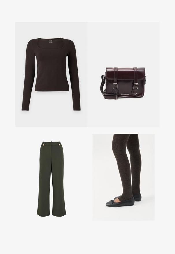 Svart långärmad, åtsittande topp med fyrkantig halsringning, märkt GAP, uppvisad på en vit bakgrund.; Olivgröna byxor med vid ben och en slät textur, med två knappar i guldfärg i midjan och en ren, skräddarsydd siluett.; Svarta platta skor med en liten rosett vid tån, i kombination med mörkbruna ribbade strumpbyxor. Skorna har en slät yta och låg profil.; Burgundy lackläder crossbody-väska med rektangulär form, två remmar, silverfärgad hårdvara och klaffstängning.