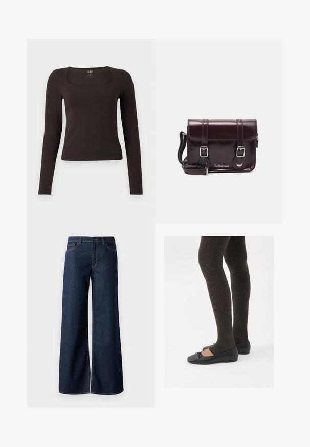 Top negro de manga larga, ajustado, con escote cuadrado, etiquetado como GAP, presentado sobre un fondo blanco.; Jeans de pierna ancha en denim azul oscuro. Presenta costuras en contraste, cinco bolsillos y un cierre de botón en la cintura. Textura suave.; Zapatos planos negros con un pequeño lazo en la punta, combinados con medias de punto en marrón oscuro. Los zapatos tienen una textura suave y un perfil bajo.; Bolso bandolera de charol burdeos con forma rectangular, dos correas, herrajes plateados y cierre de solapa.