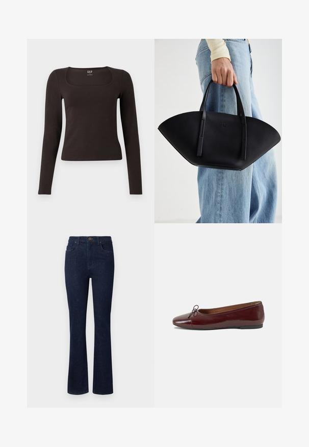 Juoda ilgomis rankovėmis, prigludusi bluzonėlė su kvadratine iškirpte, žymėta GAP, rodoma baltame fone.; Tamsiai mėlynos džinsinės kelnės su platėjančiomis kojomis, penkiais kišenėmis ir mygtuko uždarymu juosmens srityje. Lygus paviršius su minimaliais siuvinėjimais.; Bordo lakiotos odos baleto bateliai su apvalia nosimi, maža kaspinėlio akcentu priekyje ir žema juoda guma padanga. Lygi tekstūra.; Juodas odinis rankinis uždangalas unikaliu ventiliatoriaus formos dizainu, turintis plokščias rankenas. Paviršius turi akmeninė tekstūrą ir minimalistišką dizainą.