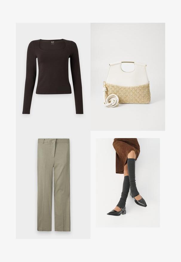 Fekete, hosszú ujjú, elasztikus felső négyzet alakú dekoltázzsal, GAP felirattal, fehér háttér előtt bemutatva.; Világos olívazöld nadrág, tailored fit, lapos elejű, két oldalsó zsebbel, sima, texturált anyagból készült. Nincsenek látható minták vagy díszítések.; Fekete lakk bőrből készült, hegyes orrú cipők, tömbsarkúakkal és bokapánttal, szürke bordás lábszármelegítőkkel és barna velúr szoknyával párosítva.; Fehér bőr kézitáska texturált krémszínű, szőtt anyagú aljjal. Aranyszínű fogantyúval és tekert fehér pánttal rendelkezik a sokoldalúság érdekében.