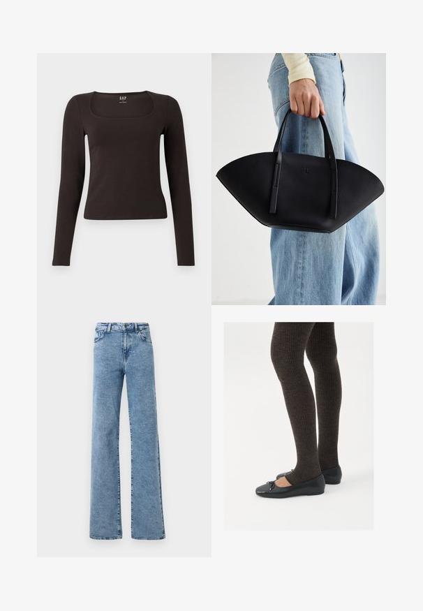 Juoda ilgomis rankovėmis, prigludusi bluzonėlė su kvadratine iškirpte, žymėta GAP, rodoma baltame fone.; Noisy May NMYOLANDA - Platėjantys džinsai - medium blue denim; Juodos plokščios bateliai su maža kaspinėlio detale prie pirštų, derinami su tamsiai rudos spalvos raukšlėtomis pėdkelnėmis. Bateliai turi lygų paviršių ir žemą profilį.; Juodas odinis rankinis uždangalas unikaliu ventiliatoriaus formos dizainu, turintis plokščias rankenas. Paviršius turi akmeninė tekstūrą ir minimalistišką dizainą.