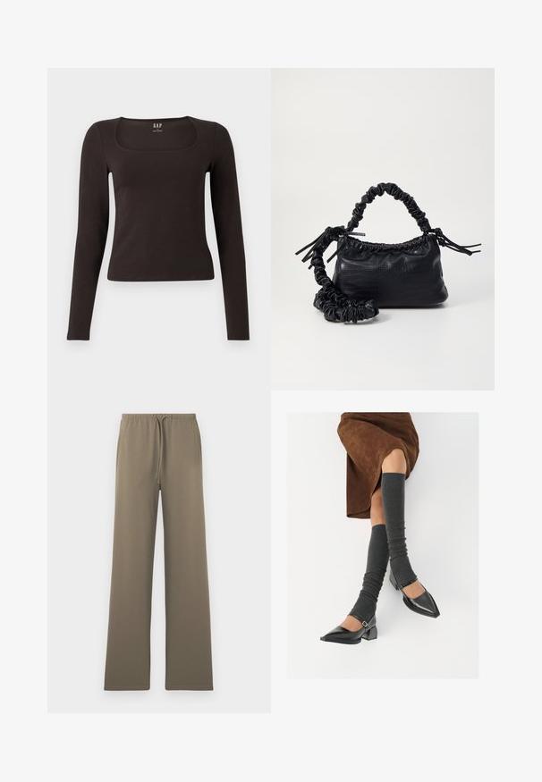 Melnas garās piedurknes, pieguļošs tops ar kvadrātveida apkakli, ar uzrakstu GAP, novietots uz baltā fona.; Olīvu zaļi, plati bikses, kas izgatavotas no mīksta auduma, ar elastīgu jostasvietu un auklu, un bez redzamām kabatām.; Melnas laka ādas apavi ar norādītu purngalu, blokveida papēdi un potīšu jostu, saskaņoti ar pelēkām ribotām kāju sildītājām un brūnu zamšādas svārku.; Melnā mākslīgās ādas rokassoma ar krokodila rakstu, savilkta augšdaļa un saburzīta siksna. Izskatās mīksta un kompakta pēc dizaina.