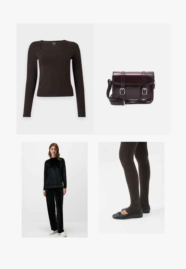Zwarte lange mouwen, getailleerde top met een vierkante halslijn, gelabeled GAP, weergegeven op een witte achtergrond.; Zwart velours loungewear set met een lange mouwen top met een ronde hals en rechtvallende broek, beiden met een gladde, zachte textuur.; Zwarte platte schoenen met een kleine strikdetail op de neus, gecombineerd met donkerbruine geribbelde panty’s. De schoenen hebben een gladde textuur en een lage profiel.; Bordeaux patent leren crossbody tas met een rechthoekige vorm, twee banden, zilveren hardware en een klep sluiting.