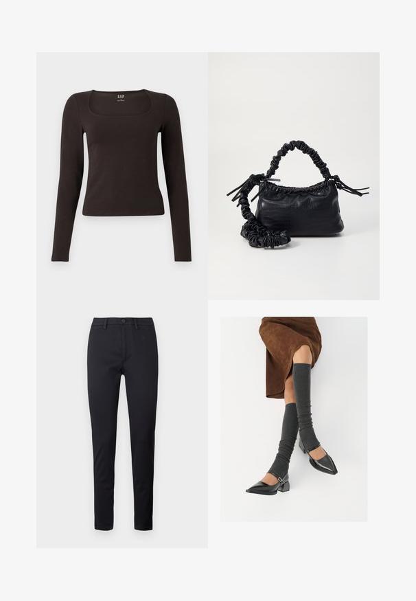 Black long-sleeve, fitted top with a square neckline, labeled GAP, displayed on a white background.; Black trousers made of smooth fabric, featuring a standard waistband, front pockets, and tapered legs. No visible patterns or accents.; Black patent leather pointed-toe shoes with a block heel and ankle strap, paired with gray ribbed leg warmers and a brown suede skirt.; Black faux leather handbag with a crocodile texture, cinched top, and a scrunched strap. Appears soft and compact in design.