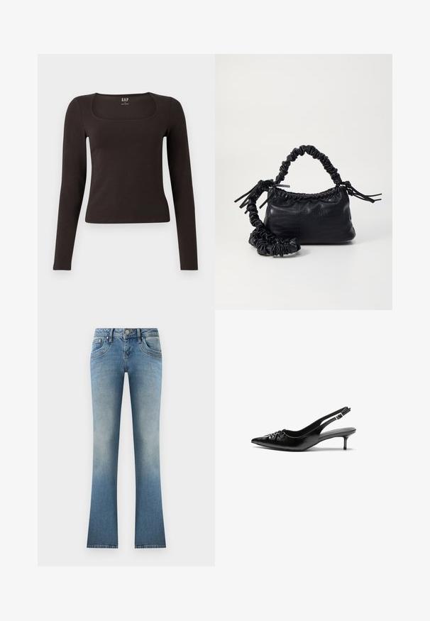 Top negro de manga larga, ajustado, con escote cuadrado, etiquetado como GAP, presentado sobre un fondo blanco.; Jeans de mezclilla de tiro acampanado en azul claro. Presentan un acabado desgastado, cinco bolsillos y un cierre de botón con pasadores para cinturón en la cintura.; Tacones slingback de cuero negro con punta afilada, pequeño tacón kitten y un detalle de nudo decorativo en la parte frontal. Textura suave en toda la superficie.; Bolso de mano de imitación cuero negro con textura de cocodrilo, parte superior fruncida y correa arrugada. Presenta un diseño suave y compacto.