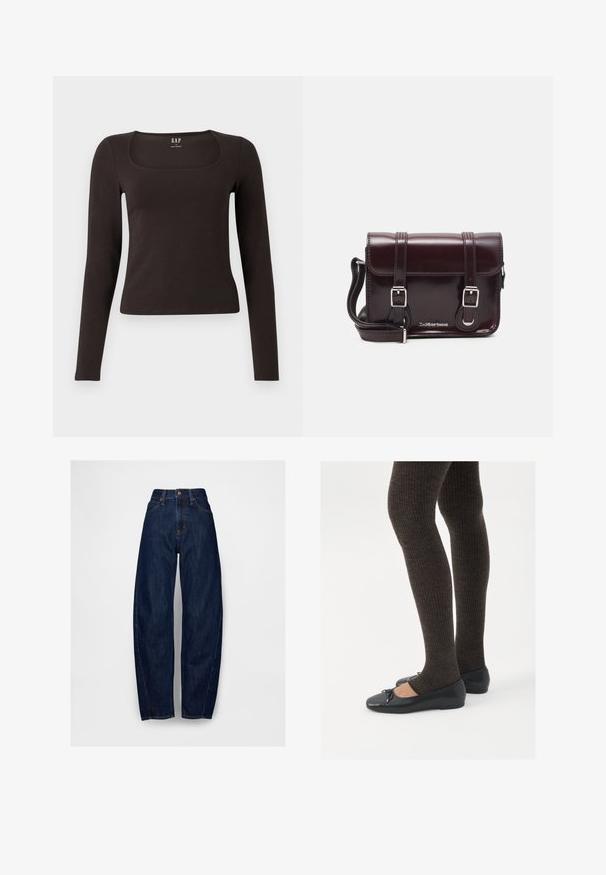 Čierny priliehavý top s dlhým rukávom a štvorcovým výstrihom, označený značkou GAP, zobrazený na bielom pozadí.; Tmavomodré džínsy s vysokým pásom a voľným strihom, obsahujúce päť vreciek, jedno predné gombík a prešité detaily pozdĺž švov.; Čierne ploché topánky s malou mašľou na špičke, v kombinácii s tmavohnedými rebrovanými pančuchami. Topánky majú hladký povrch a nízky profil.; Krikvová lakovaná kožená crossbody taška s obdĺžnikovým tvarom, dvoma popruhmi, striebornými doplnkami a prednou klapkou.