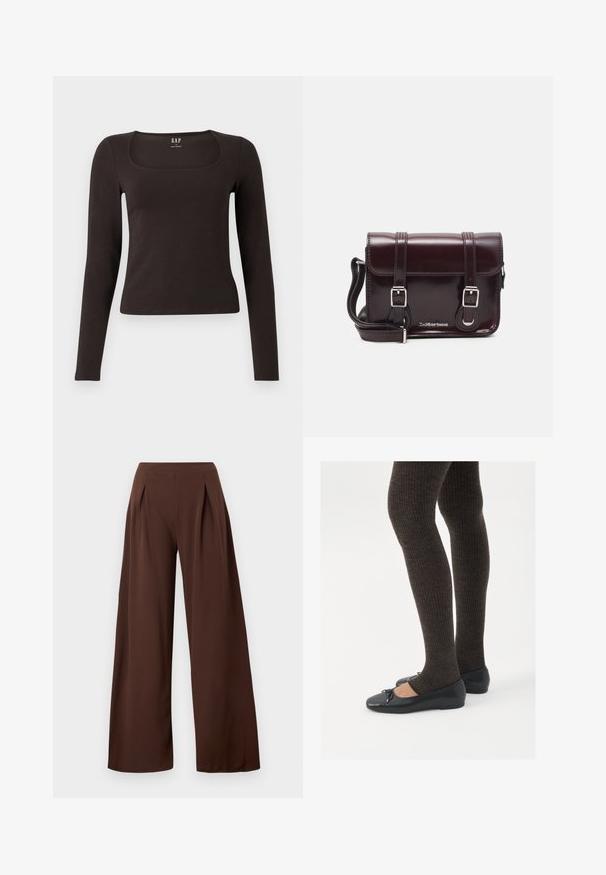 Fekete, hosszú ujjú, elasztikus felső négyzet alakú dekoltázzsal, GAP felirattal, fehér háttér előtt bemutatva.; Sötétbarna széles lábú nadrág, magas derékkal, elülső redőkkel és sima textúrával. Különböző alkalmakra is alkalmas.; Fekete lapos cipők kis masni díszítéssel az orrán, sötétbarna bordázott harisnyával párosítva. A cipők sima textúrával és alacsony profilúak.; Burgundy lakkbőr keresztpántos táska téglalap alakú, két pánttal, ezüst színű szerelvényekkel és fedélzárral.