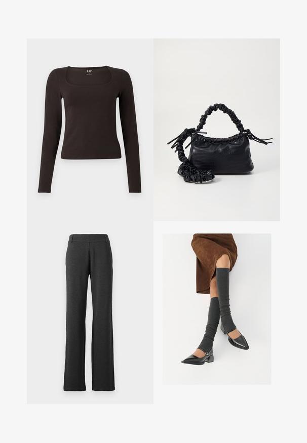 Must musta, sobiv ülikond, neljakandiline kaelus, sildiga GAP, valge tausta peal.; Tumehallid sirged püksid, mis on valmistatud pehmest kangast. Omab siledat taljeosa ning ei sisalda nähtavaid mustreid ega aktsente.; Mustad patsaline odav värviga kingad, millel on kreen ja pahkluuring, on paaritatud hallide ribakudumitega sääremiidega ja pruunist nahast seelikuga.; Must must sünteetilisest nahast käekott, millel on krokodillimuster, kokku tõmmatav ülaosa ja kortsus rihm. Tundub pehme ja kompaktne disain.