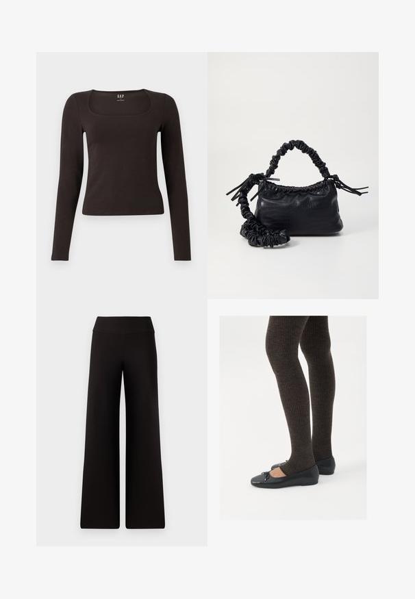 Fekete, hosszú ujjú, elasztikus felső négyzet alakú dekoltázzsal, GAP felirattal, fehér háttér előtt bemutatva.; Fekete, bő szárú nadrág sima derékkal, puha anyagból készült. Laza fazonú, minimális varrási részletekkel rendelkezik.; Fekete lapos cipők kis masni díszítéssel az orrán, sötétbarna bordázott harisnyával párosítva. A cipők sima textúrával és alacsony profilúak.; Fekete műbőr kézi táska krokodil bőr textúrával, összehúzható tetejű és gyűrt pánttal. Lágy és kompakt dizájnúnak tűnik.