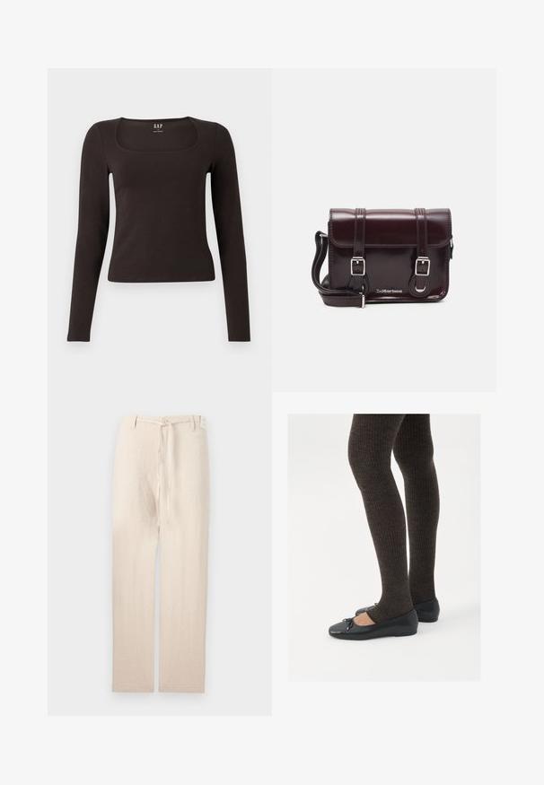 Crna majica dugih rukava, uskog kroja s kvadratnim izrezom, označena s GAP, prikazana na bijeloj pozadini.; Bež lanene hlače s ravnim krojem, koje imaju dugme na zatvaranju i traku od tkanine u struku, dajući lagani i teksturirani izgled.; Crne ravne cipele s malim mašnom na vrhu prstiju, uparene s tamnosmešnim rebrovanim čarapama. Cipele imaju glatku teksturu i nizak profil.; Tamnocrvena lakirana kožna torba preko ramena pravokutnog oblika, s dva remena, srebrnim hardverom i preklopnim zatvaranjem.