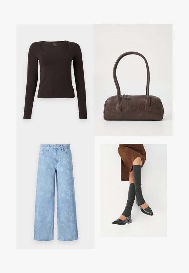 Čierny priliehavý top s dlhým rukávom a štvorcovým výstrihom, označený značkou GAP, zobrazený na bielom pozadí.; Svetlomodré široké džínsy so zrenovovaným kvetinovým vzorom, piatimi vreckami a zapínaním na gombík v oblasti pása. Denimová látka s jemnou textúrou.; Čierne lakované kožené topánky s špicatou špičkou, blokovým podpätkom a členkovým remienkom, ktoré sú kombinované so šedými rebrovanými legínami a hnedou zamšovou sukňou.; Hnedá kožená kabelka s dvoma pevným uchami, obdĺžnikovým tvarom, hladkým povrchom a zipsovým uzáverom. Minimalistický dizajn bez viditeľných vzorov.