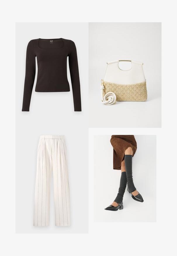 Fekete, hosszú ujjú, elasztikus felső négyzet alakú dekoltázzsal, GAP felirattal, fehér háttér előtt bemutatva.; Rövid szárú, harangszárú nadrág világosbézs szövetből, keskeny függőleges szürke csíkokkal. Szoros derékrésszel rendelkezik, és laza fazonú a lábszárakon.; Fekete lakk bőrből készült, hegyes orrú cipők, tömbsarkúakkal és bokapánttal, szürke bordás lábszármelegítőkkel és barna velúr szoknyával párosítva.; Fehér bőr kézitáska texturált krémszínű, szőtt anyagú aljjal. Aranyszínű fogantyúval és tekert fehér pánttal rendelkezik a sokoldalúság érdekében.