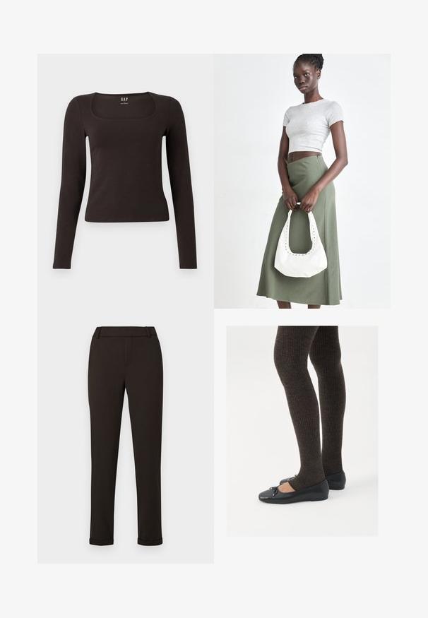 Schwarzes, langärmliges, figurbetontes Oberteil mit quadratischem Ausschnitt, gekennzeichnet mit GAP, vor einem weißen Hintergrund präsentiert.; Schwarze Slim-Fit-Hosen mit Gürtelschlaufen und Umschlägen vor einem schlichten weißen Hintergrund.; Schwarze flache Schuhe mit einem kleinen Schleifendetail an der Zehe, kombiniert mit dunkelbraunen gerippten Strumpfhosen. Die Schuhe haben eine glatte Textur und ein niedriges Profil.; Grauer gerippter Croptop und olivgrüner Rock mit hoher Taille. Das Modell hält eine weiße Schultertasche mit Ausschnittdetails. Schlichte Gestaltung, taillierte Silhouette.