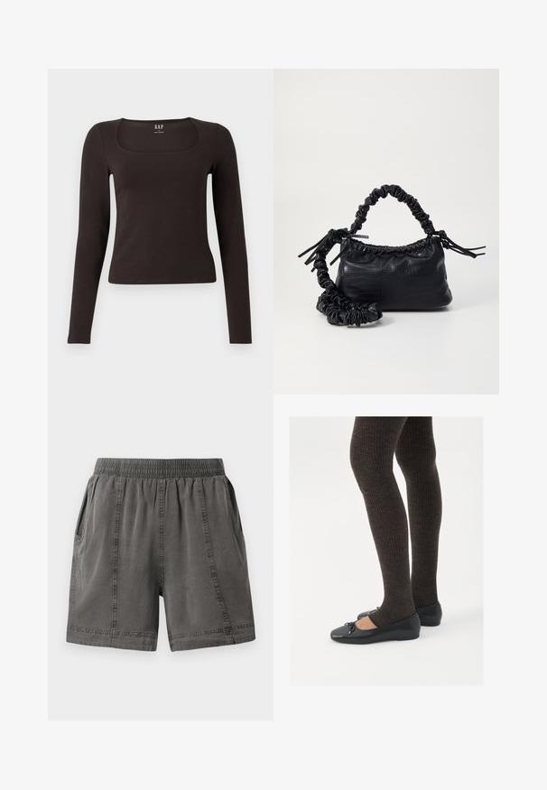 Maglietta nera a maniche lunghe, aderente, con scollatura quadrata, etichettata GAP, esposta su uno sfondo bianco.; Pantaloni corti grigi in cotone misto con cintura elastica, tasche laterali e dettagli cuciti lungo le cuciture. Texture morbida e vestibilità casual.; Scarpe nere a flat con un piccolo fiocco sulla punta, abbinate a collant a coste marrone scuro. Le scarpe hanno una texture liscia e un profilo basso.; Borsa a tracolla in ecopelle nera con texture a coccodrillo, apertura cinchata e tracolla arricciata. Si presenta con un design morbido e compatto.