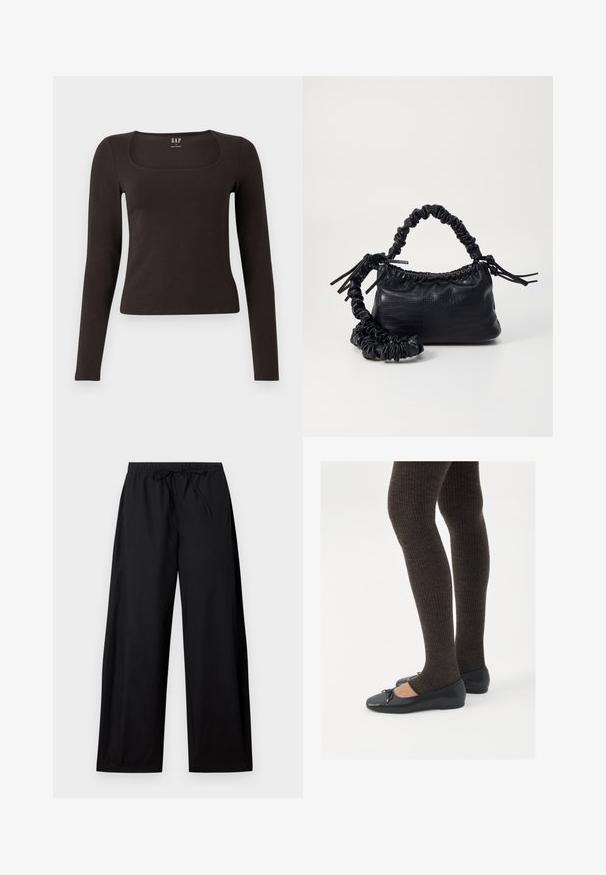 Black long-sleeve, fitted top with a square neckline, labeled GAP, displayed on a white background.; Black wide-leg pants with an elastic waistband and drawstring. Made from lightweight fabric, featuring a smooth texture and simple design.; Black flat shoes with a small bow detail at the toe, paired with dark brown ribbed tights. Shoes have a smooth texture and low profile.; Black faux leather handbag with a crocodile texture, cinched top, and a scrunched strap. Appears soft and compact in design.