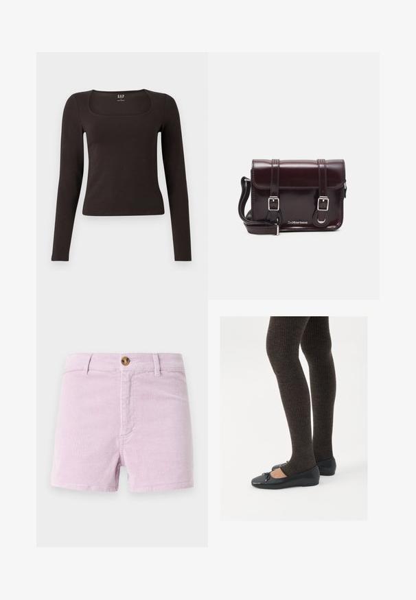 Svart langermet, tett topp med firkantet hals, merket GAP, vist på en hvit bakgrunn.; Lys lavendel kordfløyelsshorts med knappelukking, med en strukturert ribbet design og frontlommer, kuttet over låret.; Sorte flate sko med en liten sløyfedetalj på tåen, kombinert med mørkebrune ribbede strømpebukser. Skoene har en glatt overflate og lav profil.; Burgunderfarget patentlær crossover-veske med rektangulær form, to stropper, sølvfarget hardware og klaffelukking.