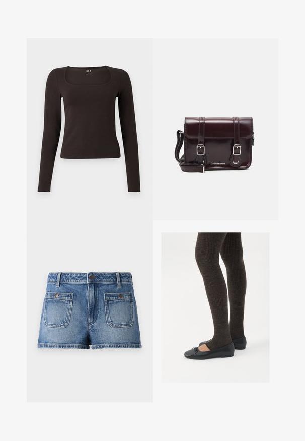 Čierny priliehavý top s dlhým rukávom a štvorcovým výstrihom, označený značkou GAP, zobrazený na bielom pozadí.; Džínsové šortky svetlo modrej farby so zrenovaným povrchom, dizajn s piatimi vreckami, dve predné vrecká, dve zadné vrecká a opasok na gombík.; Čierne ploché topánky s malou mašľou na špičke, v kombinácii s tmavohnedými rebrovanými pančuchami. Topánky majú hladký povrch a nízky profil.; Krikvová lakovaná kožená crossbody taška s obdĺžnikovým tvarom, dvoma popruhmi, striebornými doplnkami a prednou klapkou.