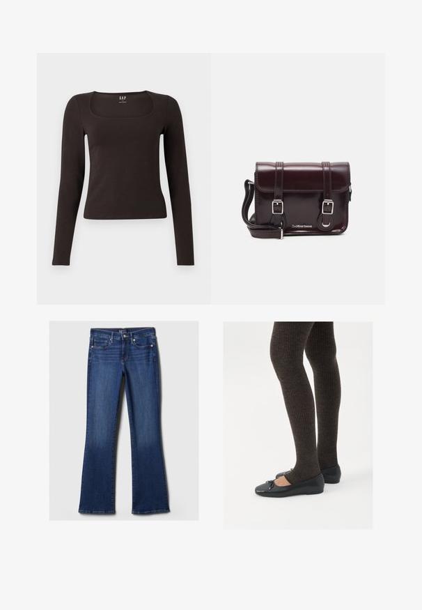 Črn dolg rokav, prilegajoča majica s kvadratnim izrezom, označena z GAP, prikazana na belem ozadju.; Temno modri flare jeans iz denima z petimi žepi, z gumbom za zapiranje in šivi ob pasu ter žepih. Gladka tekstura.; Črne ravne čevlje z majhnim lokom na prstih, v kombinaciji s temno rjavimi rebrastimi nogavicami. Čevlji imajo gladko teksturo in nizko obliko.; Burgundska patentna usnjena torbica čez ramo z pravokotno obliko, dvema trakovoma, srebrno kovinsko opremo in zapiranjem na preklop.