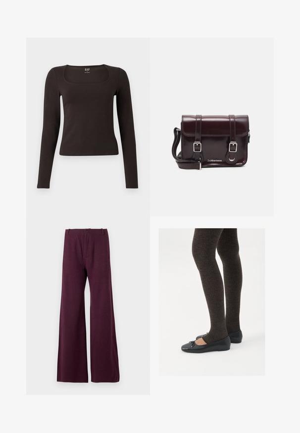 Svart langermet, tett topp med firkantet hals, merket GAP, vist på en hvit bakgrunn.; Bordeaux vidde bukser laget av et lett stoff. Har en frontknapp og glidelås lukking, med en jevn og glatt tekstur.; Sorte flate sko med en liten sløyfedetalj på tåen, kombinert med mørkebrune ribbede strømpebukser. Skoene har en glatt overflate og lav profil.; Burgunderfarget patentlær crossover-veske med rektangulær form, to stropper, sølvfarget hardware og klaffelukking.