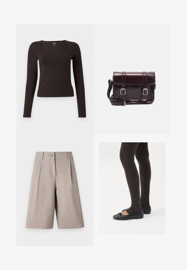 Black long-sleeve, fitted top with a square neckline, labeled GAP, displayed on a white background.; Beige tailored shorts with pleats, featuring a button closure and smooth texture, designed for a structured, modern silhouette.; Black flat shoes with a small bow detail at the toe, paired with dark brown ribbed tights. Shoes have a smooth texture and low profile.; Burgundy patent leather crossbody bag with a rectangular shape, two straps, silver hardware, and a flap closure.