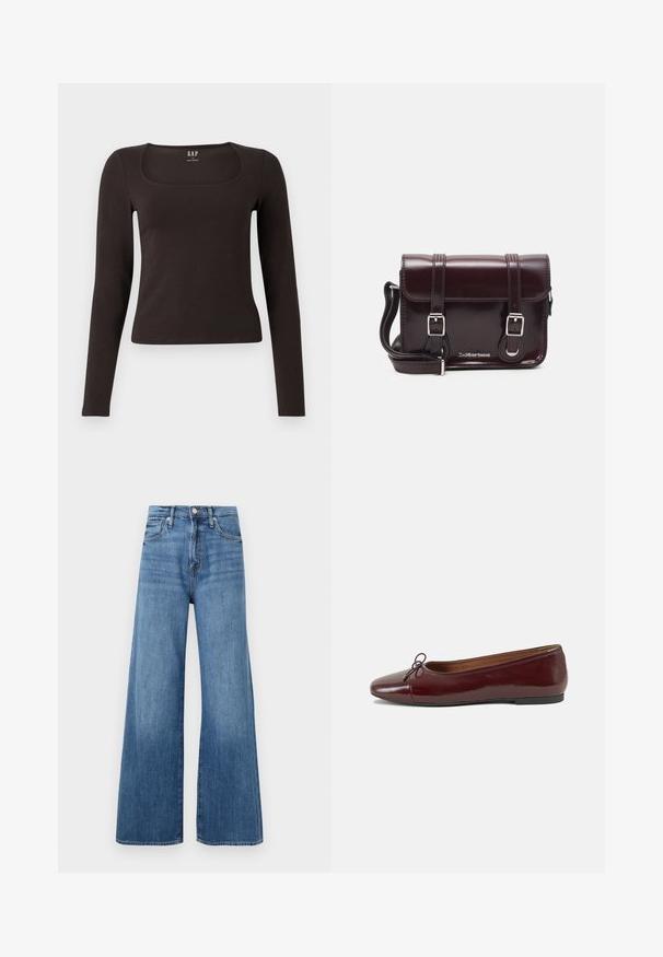 Černý dlouhý rukáv, přiléhavý top se čtvercovým výstřihem, označený značkou GAP, vystavený na bílém pozadí.; Modré džíny s vysokým pasem a širokými nohavicemi, se zapínáním na knoflík a zip, předními kapsami a jemným vyblednutím na látce.; Burgundské lakové baleríny s kulatou špičkou, malou mašlí vpředu a nízkou černou gumovou podrážkou. Hladký povrch.; Burgundská lakovaná křížová taška obdélníkového tvaru, se dvěma popruhy, stříbrnými kovovými doplňky a klopovým uzávěrem.