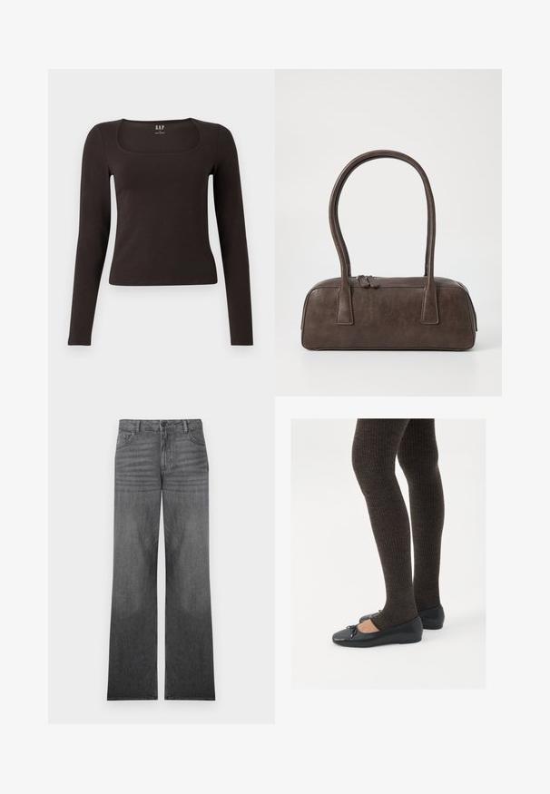 Svart langermet, tett topp med firkantet hals, merket GAP, vist på en hvit bakgrunn.; Grå denim vide ben jeans med middels vask, med fem-lomme design, front knapp-lukking og subtile sømdetaljer.; Sorte flate sko med en liten sløyfedetalj på tåen, kombinert med mørkebrune ribbede strømpebukser. Skoene har en glatt overflate og lav profil.; Brun lærveske med to robuste håndtak, rektangulær form, jevn tekstur og glidelås. Minimalistisk design uten synlige mønstre.