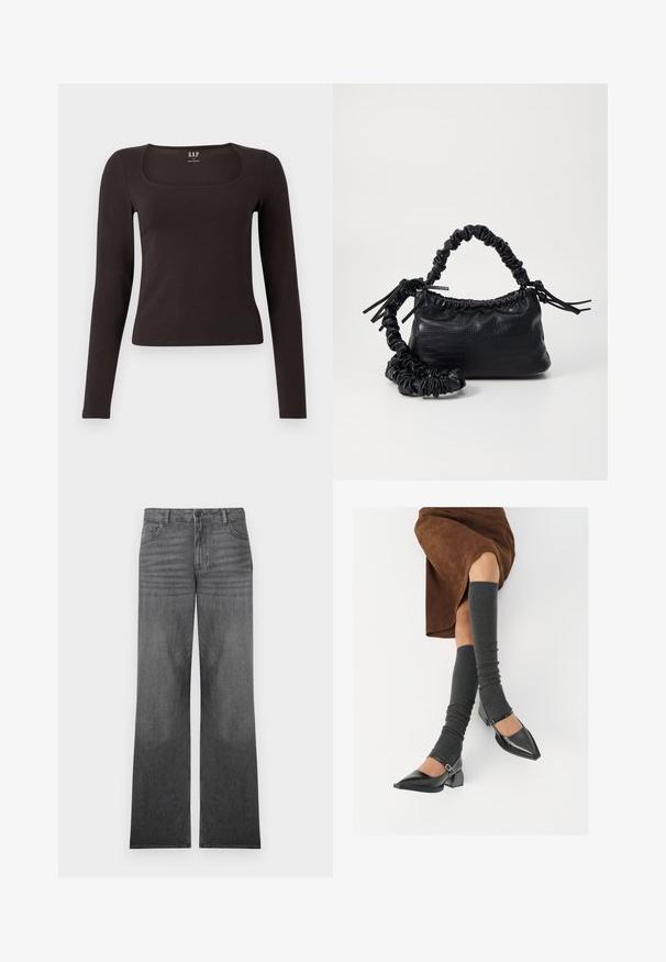 Schwarzes, langärmliges, figurbetontes Oberteil mit quadratischem Ausschnitt, gekennzeichnet mit GAP, vor einem weißen Hintergrund präsentiert.; Graue Denim-Jeans mit weitem Bein und mittlerem Waschlook, ausgestattet mit einem Fünf-Taschen-Design, Knopfverschluss vorne und dezenten Nahtdetails.; Schwarze lacklederne spitze Schuhe mit Blockabsatz und Knöchelriemen, kombiniert mit grauen gerippten Beinstulpen und einem braunen Wildlederrock.; Schwarze Handtasche aus Kunstleder mit Krokodilstruktur, gerafftem oberen Teil und einem geschoppten Tragegurt. Sie wirkt weich und kompakt im Design.