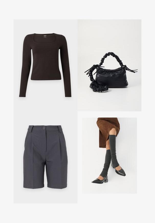 Czarny, długi rękaw, dopasowana bluzka z kwadratowym dekoltem, oznaczona marką GAP, wyeksponowana na białym tle.; Szare spodenki w kant z guzikowym zapięciem oraz bocznymi kieszeniami. Wykonane z gładkiego, lekkiego materiału o dobrze dopasowanym kroju.; Czarne lakierowane buty na szpilce z prostokątnym obcasem i paskiem na kostce, zestawione z szarymi prążkowanymi ocieplaczami na nogi oraz brązową zamszową spódnicą.; Czarna torebka z syntetycznej skóry o teksturze krokodyla, z zaciąganym górnym zamknięciem i marszczonym paskiem. Wygląda na miękką i zwartą w designie.