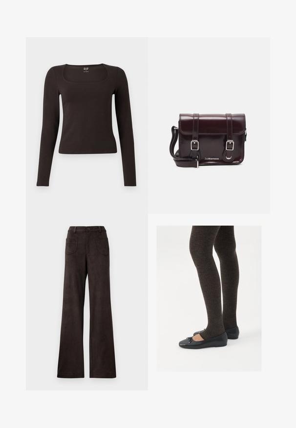 Black long-sleeve, fitted top with a square neckline, labeled GAP, displayed on a white background.; Brown wide-leg trousers made of soft, textured fabric. Features include a button closure and two front pockets.; Black flat shoes with a small bow detail at the toe, paired with dark brown ribbed tights. Shoes have a smooth texture and low profile.; Burgundy patent leather crossbody bag with a rectangular shape, two straps, silver hardware, and a flap closure.