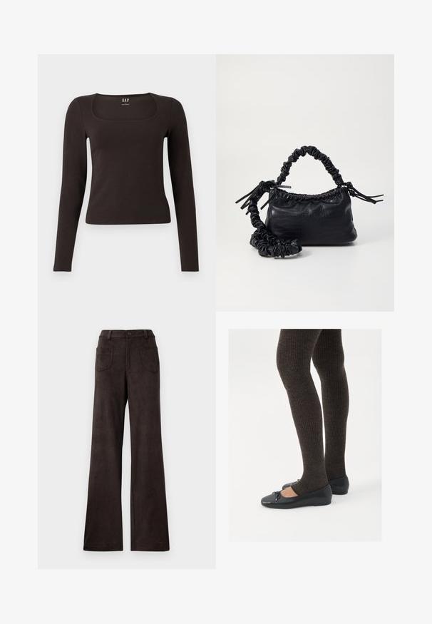 Black long-sleeve, fitted top with a square neckline, labeled GAP, displayed on a white background.; Brown wide-leg trousers made of soft, textured fabric. Features include a button closure and two front pockets.; Black flat shoes with a small bow detail at the toe, paired with dark brown ribbed tights. Shoes have a smooth texture and low profile.; Black faux leather handbag with a crocodile texture, cinched top, and a scrunched strap. Appears soft and compact in design.