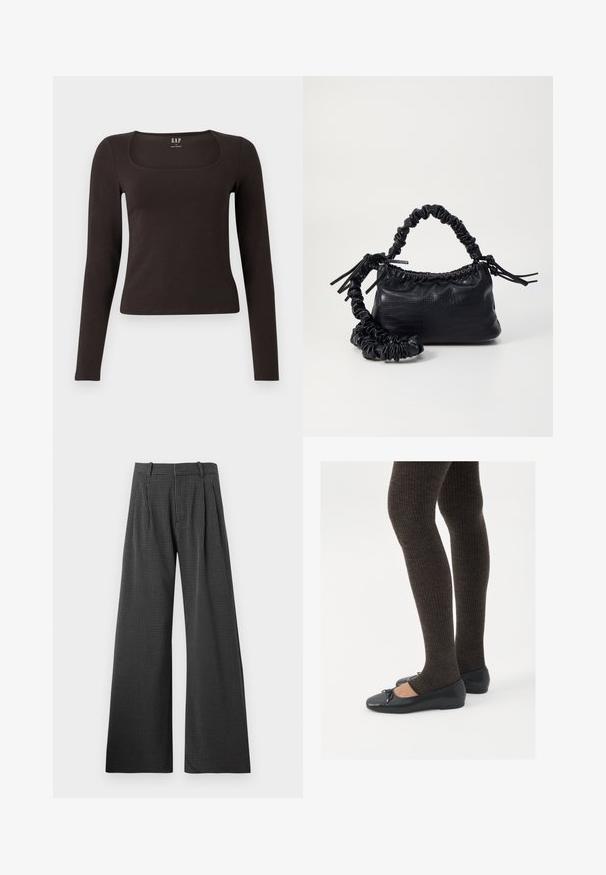 Μαύρο fitted μπλουζάκι με μακριά μανίκια και τετράγωνη λαιμόκοψη, με ετικέτα GAP, εμφανίζεται σε λευκό φόντο.; Μαύρες και λευκές παντελόνες σε σχέδιο καρό με φαρδιές κοψές και πτυχές μπροστά. Κατασκευασμένες από υφασμάτινη υφή, διαθέτουν ραμμένο ζωνάκι και τσέπες.; Μαύρες επίπεδες γυναικείες παπουτσάκια με μια μικρή λεπτομέρεια φιόγκο στην μύτη, συνδυασμένες με σκούρες καφέ ριγέ καλσόν. Τα παπούτσια έχουν λεία υφή και χαμηλό προφίλ.; Μαύρη τσάντα από faux δέρμα με υφή κροκοδείλου, κλειστή στο επάνω μέρος και με ρυτιδωμένο λουρί. Φαίνεται μαλακή και συμπαγής στο σχέδιο.