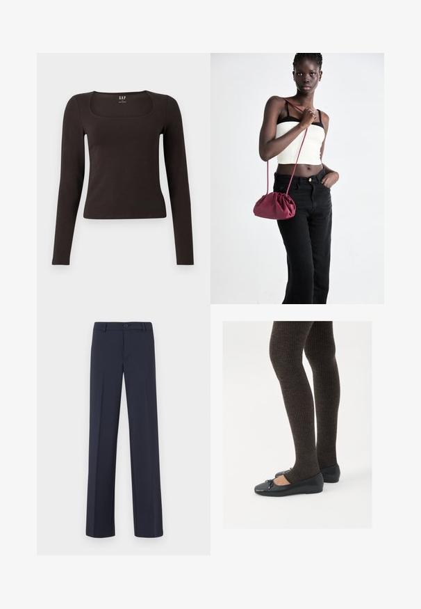 Čierny priliehavý top s dlhým rukávom a štvorcovým výstrihom, označený značkou GAP, zobrazený na bielom pozadí.; Námornícky modré, rovné nohavice vyrobené z hladkej textílie. Umožňujú zapínanie na prednom gombíku a majú bočné vrecká. Jednoduchý a moderný dizajn.; Čierne ploché topánky s malou mašľou na špičke, v kombinácii s tmavohnedými rebrovanými pančuchami. Topánky majú hladký povrch a nízky profil.; Burgundský mäkký kabelka z textilu s zhromaždeným dizajnom a dlhým popruhom, nosená cez telo. Model má na sebe biely crop top a čierne džínsy.