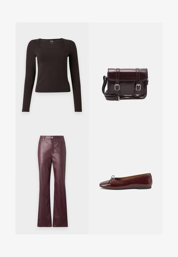 Čierny priliehavý top s dlhým rukávom a štvorcovým výstrihom, označený značkou GAP, zobrazený na bielom pozadí.; Bordeaux farbene nohavice so širokými nohavicami z imitácie kože s hladkým povrchom, prednými vreckami a kovovým gombíkom na páse.; Burgundské lakované balerínky s okrúhlou špičkou, malou mašľou na prednej strane a nízkou čiernou gumovou podrážkou. Hladký povrch.; Krikvová lakovaná kožená crossbody taška s obdĺžnikovým tvarom, dvoma popruhmi, striebornými doplnkami a prednou klapkou.