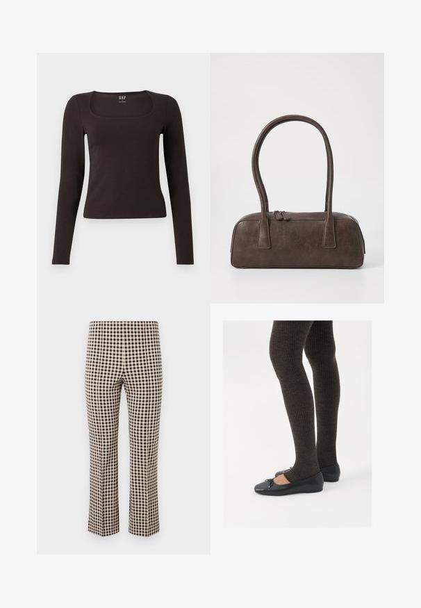 Schwarzes, langärmliges, figurbetontes Oberteil mit quadratischem Ausschnitt, gekennzeichnet mit GAP, vor einem weißen Hintergrund präsentiert.; Schwarz- und cremefarbene Karo-Hosen mit geradem Bein, die über eine weiche Stofftextur und einen hochgeschnittenen Bund verfügen.; Schwarze flache Schuhe mit einem kleinen Schleifendetail an der Zehe, kombiniert mit dunkelbraunen gerippten Strumpfhosen. Die Schuhe haben eine glatte Textur und ein niedriges Profil.; Braune Lederhandtasche mit zwei stabilen Griffen, rechteckiger Form, glatter Oberfläche und Reißverschluss. Minimalistisches Design ohne sichtbare Muster.