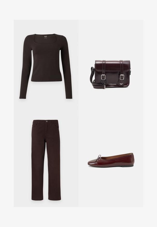 Top negru cu mânecă lungă, aderent, cu decolteu pătrat, etichetat GAP, expus pe un fundal alb.; Pantaloni din bumbac maro cu un design drept, două buzunare frontale și închidere cu buton la talie. Textură netedă, fără modele vizibile.; Balerini din piele patent burgund cu vârful rotund, accent de fundiță mică în față și talpă joasă din cauciuc negru. Textură netedă.; Geantă crossbody din piele lac burgundă, cu formă rectangulară, două curele, accesorii din argint și închidere cu clapetă.