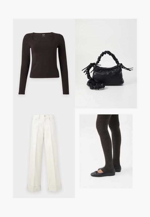 Haut noir à manches longues, ajusté, avec un décolleté carré, étiqueté GAP, affiché sur un fond blanc.; Pantalons larges en crème fabriqués en coton, avec un ourlet replié et des passants de ceinture. Conçus avec deux poches avant et une fermeture à bouton sur le devant.; Chaussures plates noires avec un petit nœud au niveau des orteils, associées à des collants côtelés marron foncé. Les chaussures ont une texture lisse et un profil bas.; Sac à main en simili cuir noir avec une texture crocodile, un dessus resserré et une sangle froncée. A l'apparence douce et compacte.
