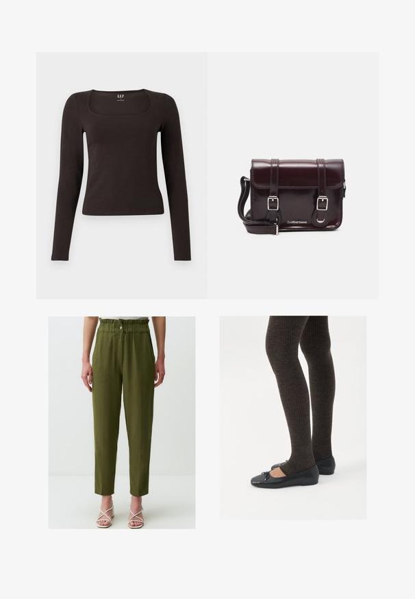 Zwarte lange mouwen, getailleerde top met een vierkante halslijn, gelabeled GAP, weergegeven op een witte achtergrond.; Olijfgroene, hoge taillebroeken met een relaxte pasvorm, voorzien van een geraffineerde tailleband, zijzakken en een zachte textuur.; Zwarte platte schoenen met een kleine strikdetail op de neus, gecombineerd met donkerbruine geribbelde panty’s. De schoenen hebben een gladde textuur en een lage profiel.; Bordeaux patent leren crossbody tas met een rechthoekige vorm, twee banden, zilveren hardware en een klep sluiting.