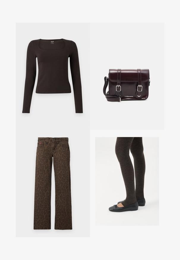 Črn dolg rokav, prilegajoča majica s kvadratnim izrezom, označena z GAP, prikazana na belem ozadju.; Brašnaste kavbojke z leopardjim vzorcem in ravnim krojem, z gumbom za zapiranje ter diskretno rdečo blagovno znamko spredaj. Mehka denim tekstura.; Črne ravne čevlje z majhnim lokom na prstih, v kombinaciji s temno rjavimi rebrastimi nogavicami. Čevlji imajo gladko teksturo in nizko obliko.; Burgundska patentna usnjena torbica čez ramo z pravokotno obliko, dvema trakovoma, srebrno kovinsko opremo in zapiranjem na preklop.