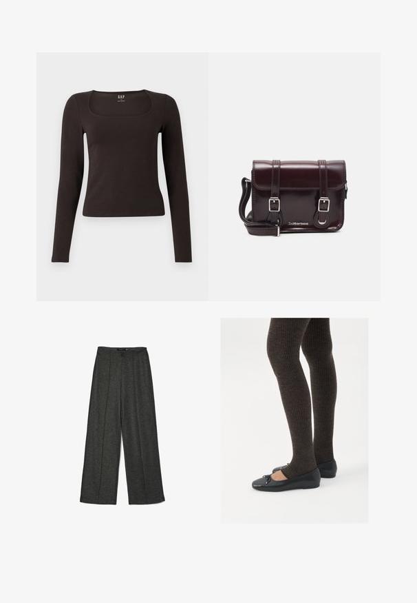 Fekete, hosszú ujjú, elasztikus felső négyzet alakú dekoltázzsal, GAP felirattal, fehér háttér előtt bemutatva.; Sötétszürke, bő szabású nadrág texturált anyagból, magas derékkal és két elülső plissével a dizájn részletek fokozása érdekében.; Fekete lapos cipők kis masni díszítéssel az orrán, sötétbarna bordázott harisnyával párosítva. A cipők sima textúrával és alacsony profilúak.; Burgundy lakkbőr keresztpántos táska téglalap alakú, két pánttal, ezüst színű szerelvényekkel és fedélzárral.
