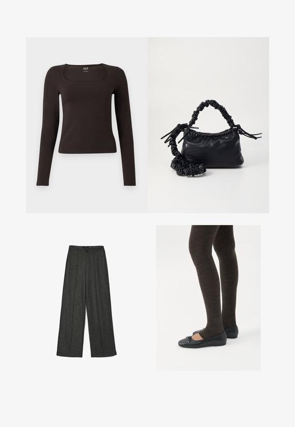 Svart langermet, tett topp med firkantet hals, merket GAP, vist på en hvit bakgrunn.; Mørkegrå vide bukser lavet af tekstureret stof, med høj talje og to frontfald for ekstra design detaljer.; Sorte flate sko med en liten sløyfedetalj på tåen, kombinert med mørkebrune ribbede strømpebukser. Skoene har en glatt overflate og lav profil.; Svart faux skinn-håndveske med krokodilletekstur, strammet topp og en rynket stropp. Ser myk og kompakt ut i designen.