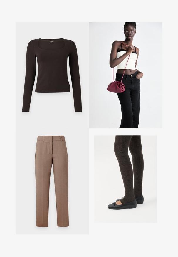Melnas garās piedurknes, pieguļošs tops ar kvadrātveida apkakli, ar uzrakstu GAP, novietots uz baltā fona.; Gai brūni pielāgoti bikses ar gludu tekstūru, plakanu priekšpusi, sānu kabatām un taisnu kāju dizainu. Audumam ir smalka rakstu zīme.; Melnas plakano formas kurpes ar mazu loku uz pirksta, apvienotas ar tumši brūnām ribotām zeķubiksēm. Kurpēm ir gluda tekstūra un zems profils.; Burgundijas mīkstas auduma soma ar sakoptu dizainu un garu siksnu, nēsāta uz krūšu. Modelis valkā baltu piegriezuma topu un melnas džinsus.