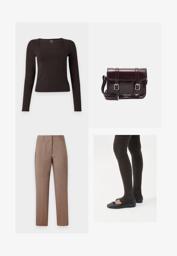 Haut noir à manches longues, ajusté, avec un décolleté carré, étiqueté GAP, affiché sur un fond blanc.; Pantalons taillés brun clair avec une texture lisse, devant plat, poches latérales et une coupe droite. Le tissu présente un motif subtil.; Chaussures plates noires avec un petit nœud au niveau des orteils, associées à des collants côtelés marron foncé. Les chaussures ont une texture lisse et un profil bas.; Sac à bandoulière en cuir verni bordeaux, de forme rectangulaire, avec deux bandoulières, des accessoires en argent et une fermeture à rabat.